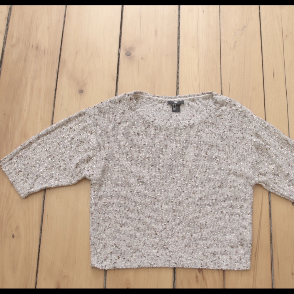 Metallic 3/4 Sleeve Crop Sweater